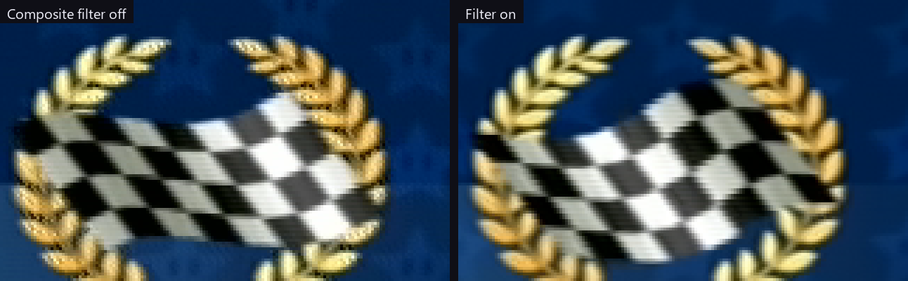 The same GameCube frame over composite: filter off on the left with dot crawl on the gold laurel and the chequered flag, filter on and clean on the right