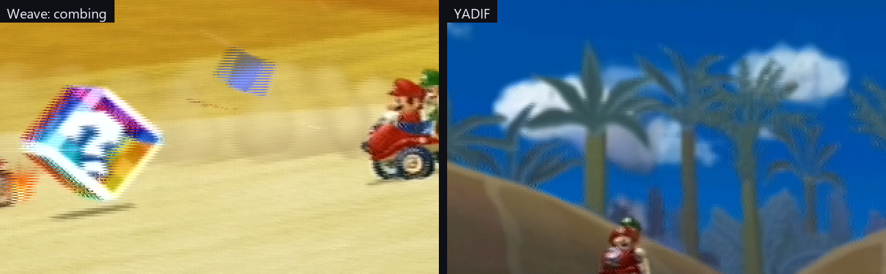 Left: a 480i GameCube frame woven, showing combing on the moving item boxes. Right: the same source through YADIF, clean